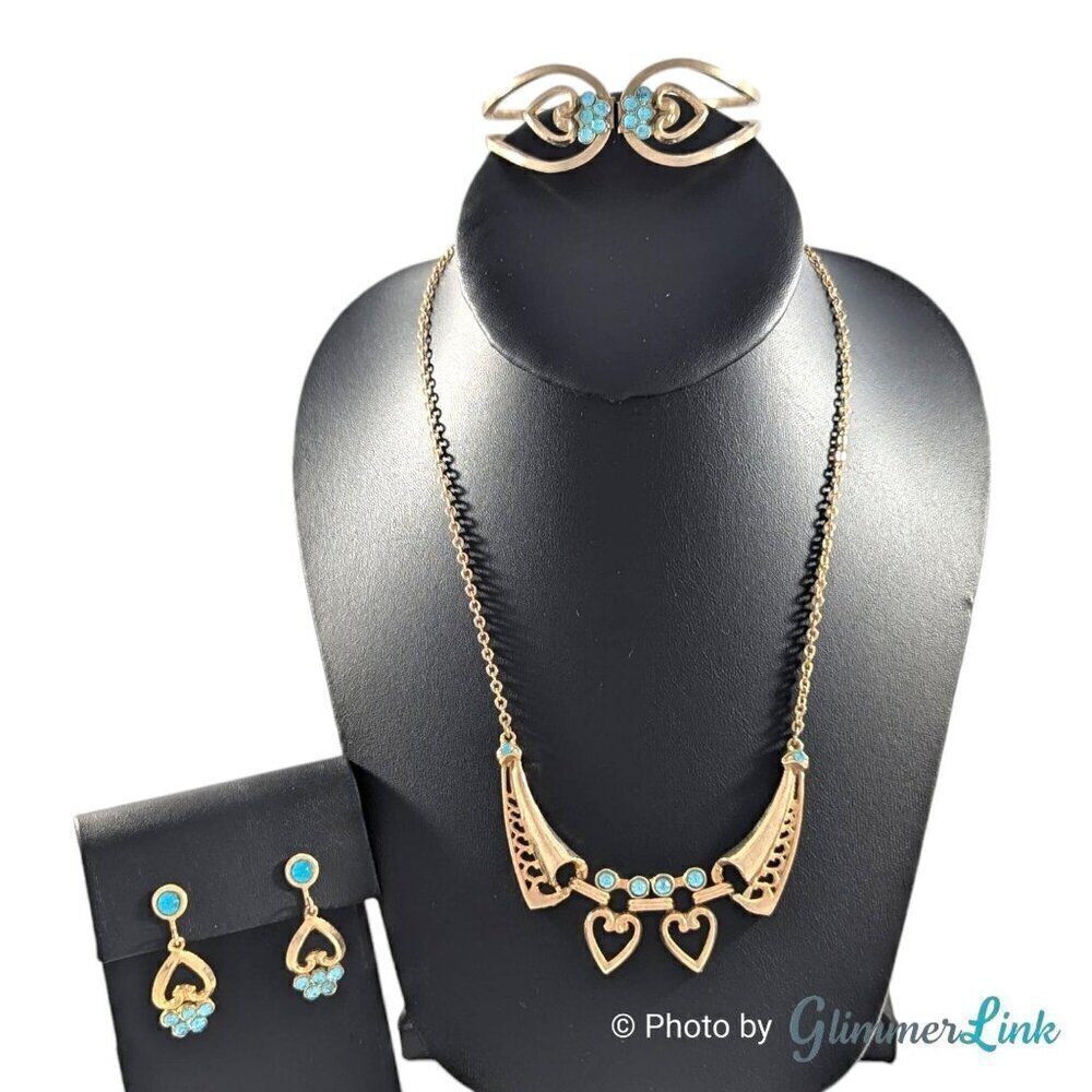 VTG Heart Aqua Blue Rhinestones Necklace Earrings & Bracelet Gold Tone Set